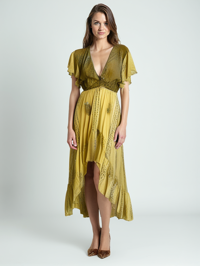 Model wearing Emily dress #152 in yellow vintage silk