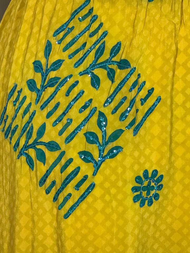 Yellow with bright blue sequin flowers vintage silk