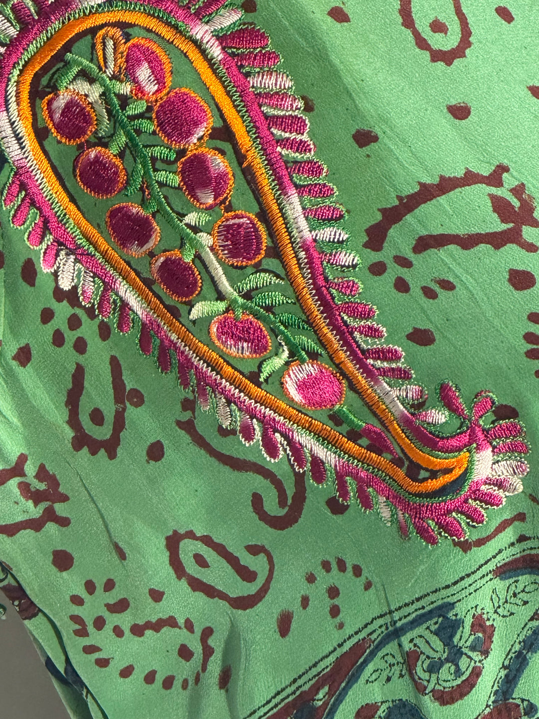 Green paisley vintage silk with pink embroidery