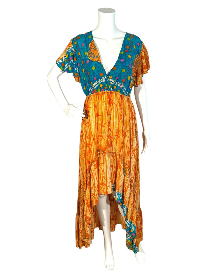 Emily dress in ML orange with bright blue vintage sillk on mannequin