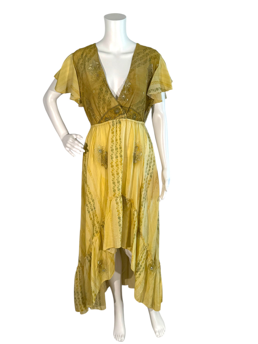 Emily dress in yellow and sequin vintage silk front view