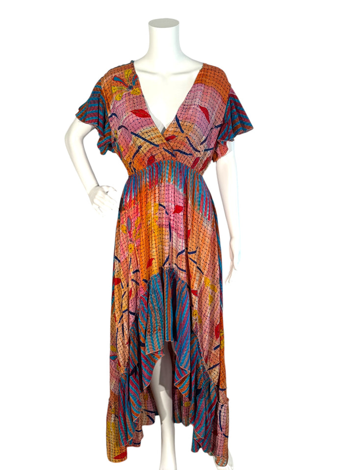 Emily dress #153 front view  in rainbow multicolor vintage silk