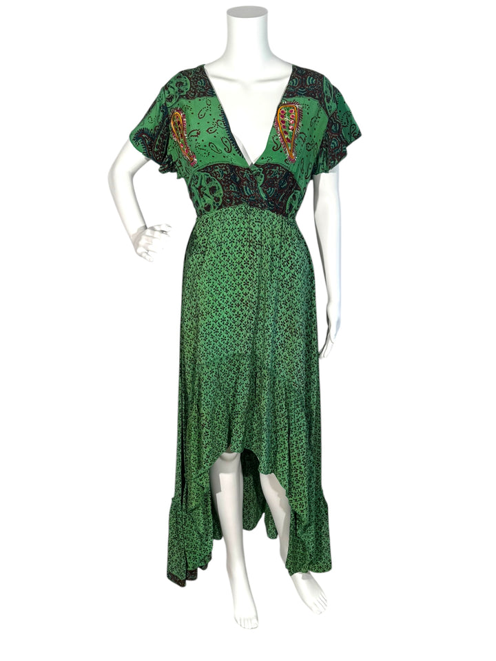 Emily dress #156 in green paisley vintage silk with pink embroidery front view