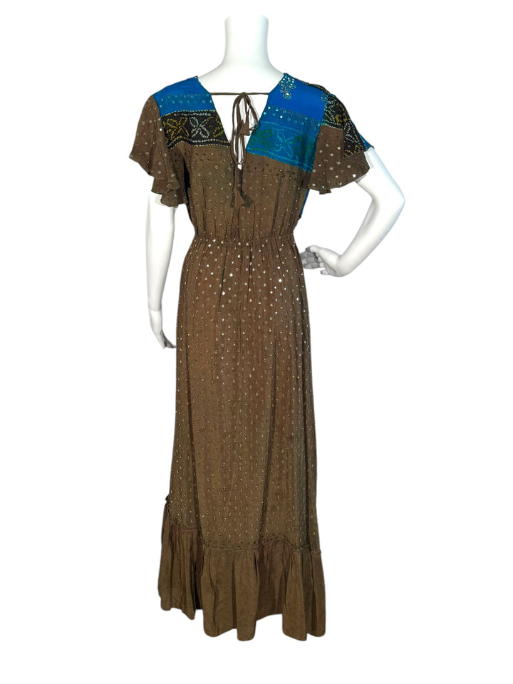 Emily dress #158 in brown and blue vintage silk with silver sequins back view