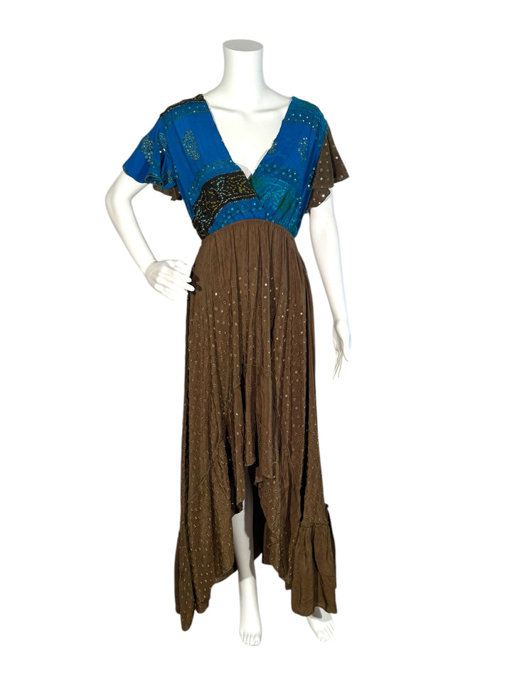 Emily dress #158 in brown and blue vintage silk with silver sequins front view