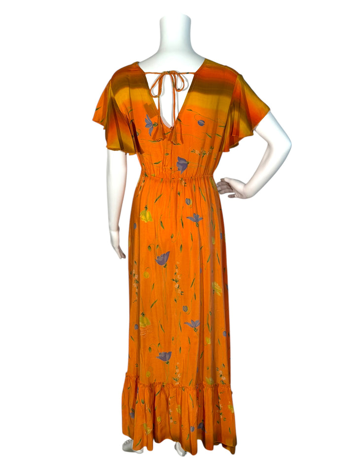 Emily dress #160 in orange floral and stripe vintage silk back view