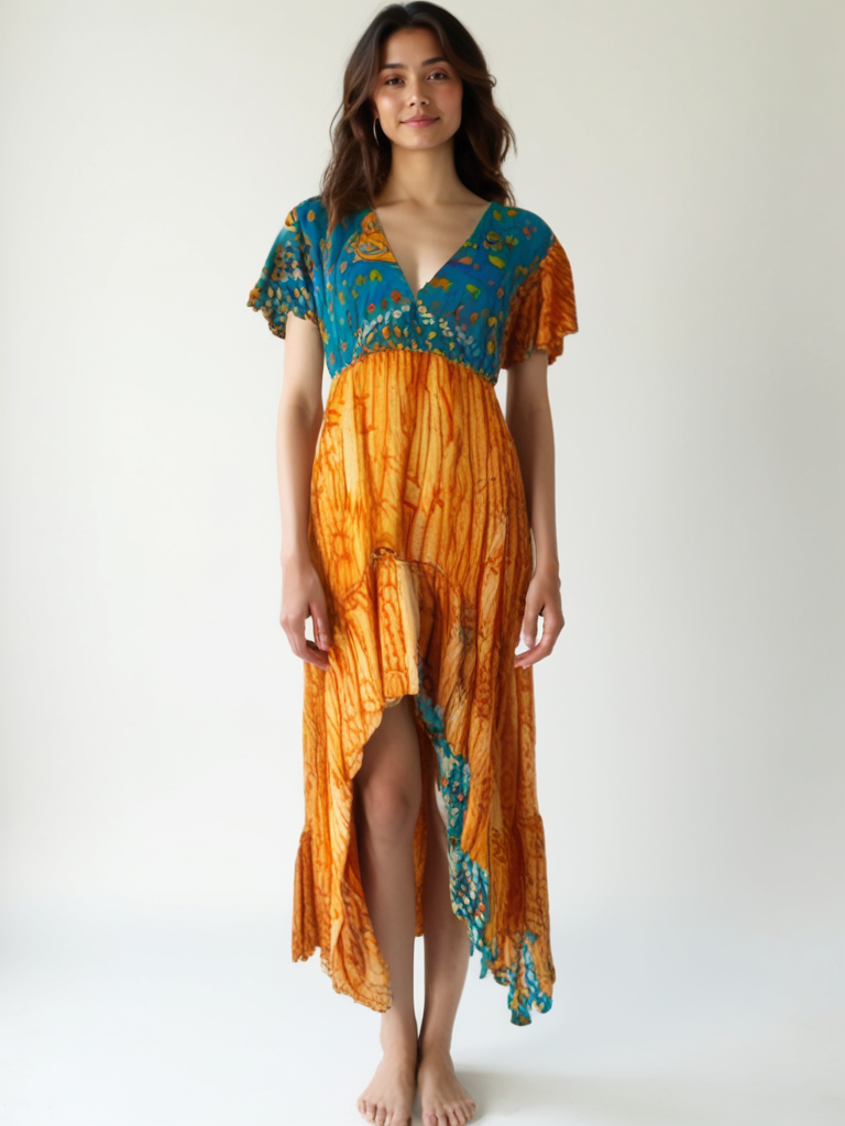 Model wearing Emily dress #151 in orange and blue