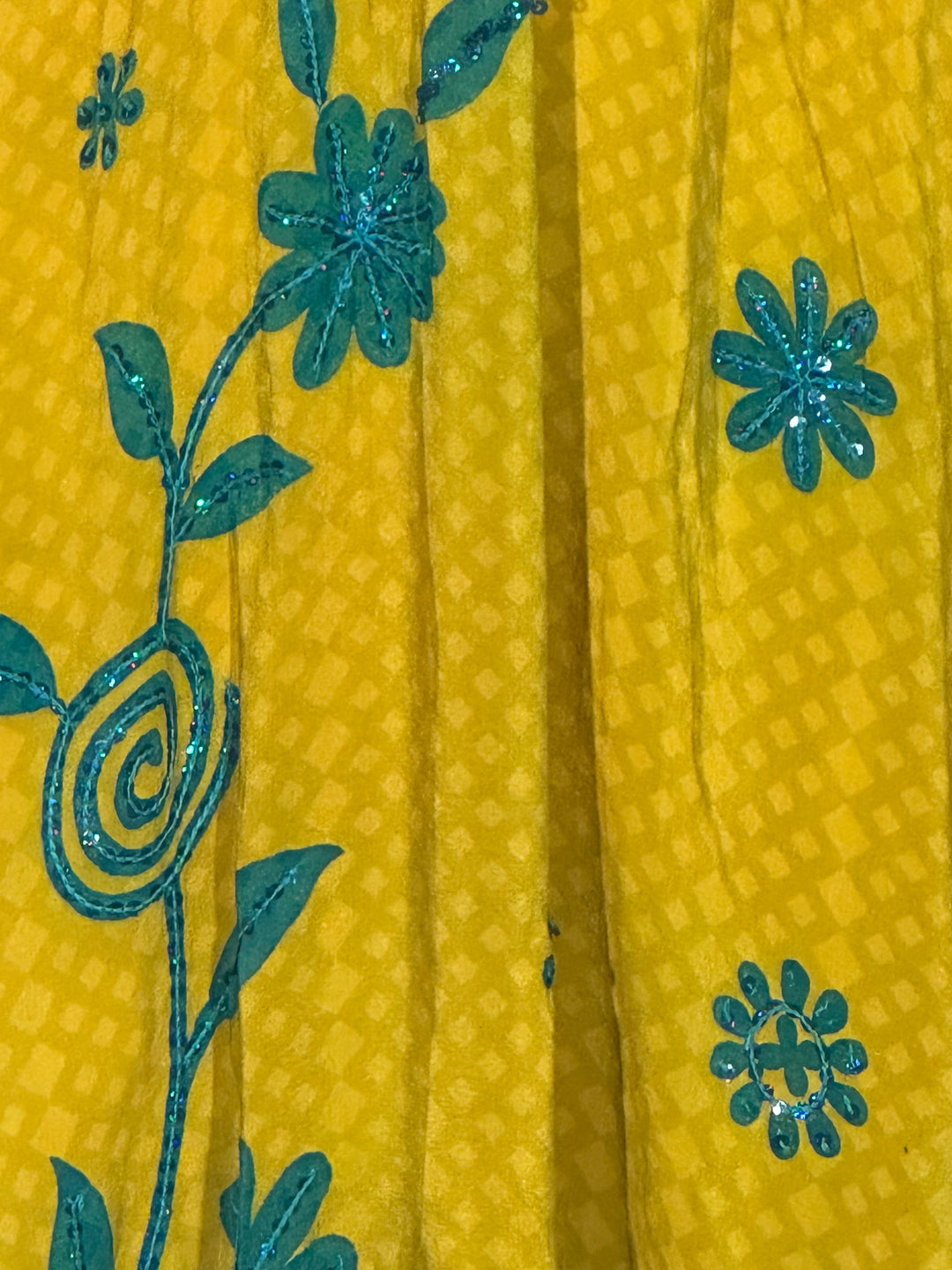 Yellow with bright blue sequin flowers vintage silk