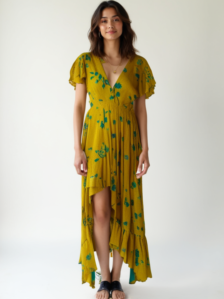 Model wearing Emily dress #155 in yellow and blue vintage silk