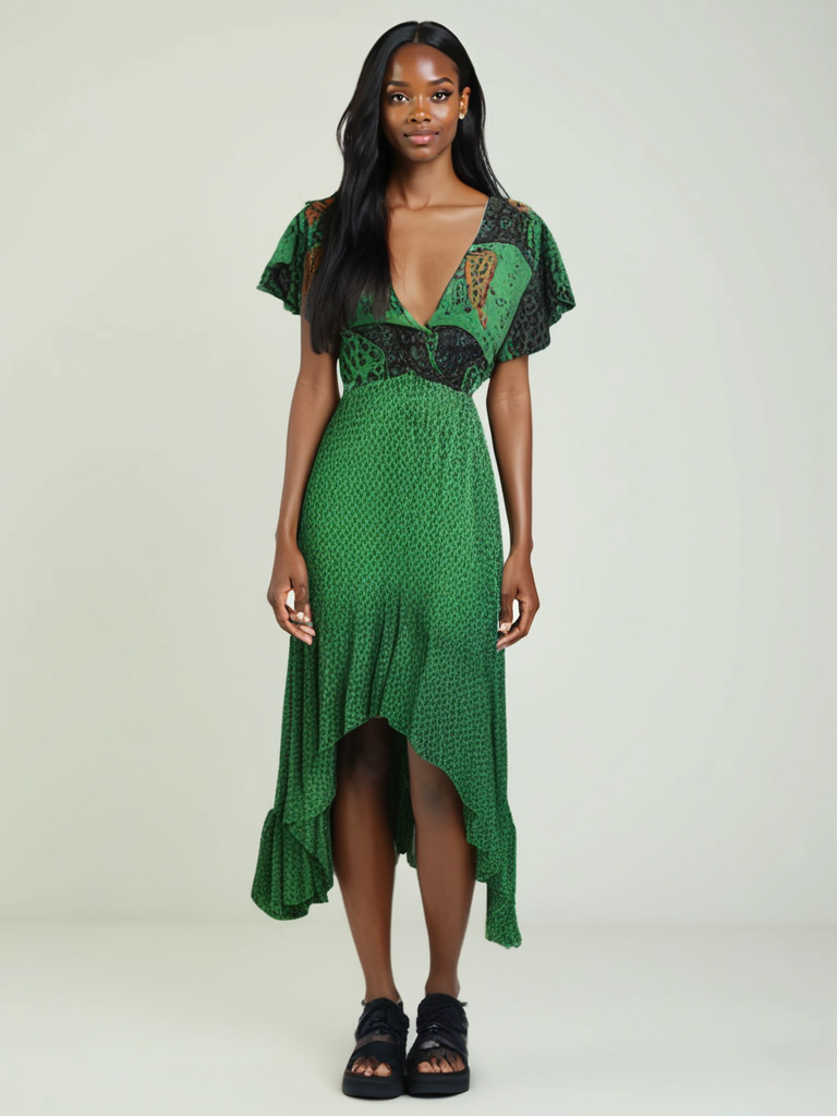 Emily dress #156 on model in green paisley vintage silk