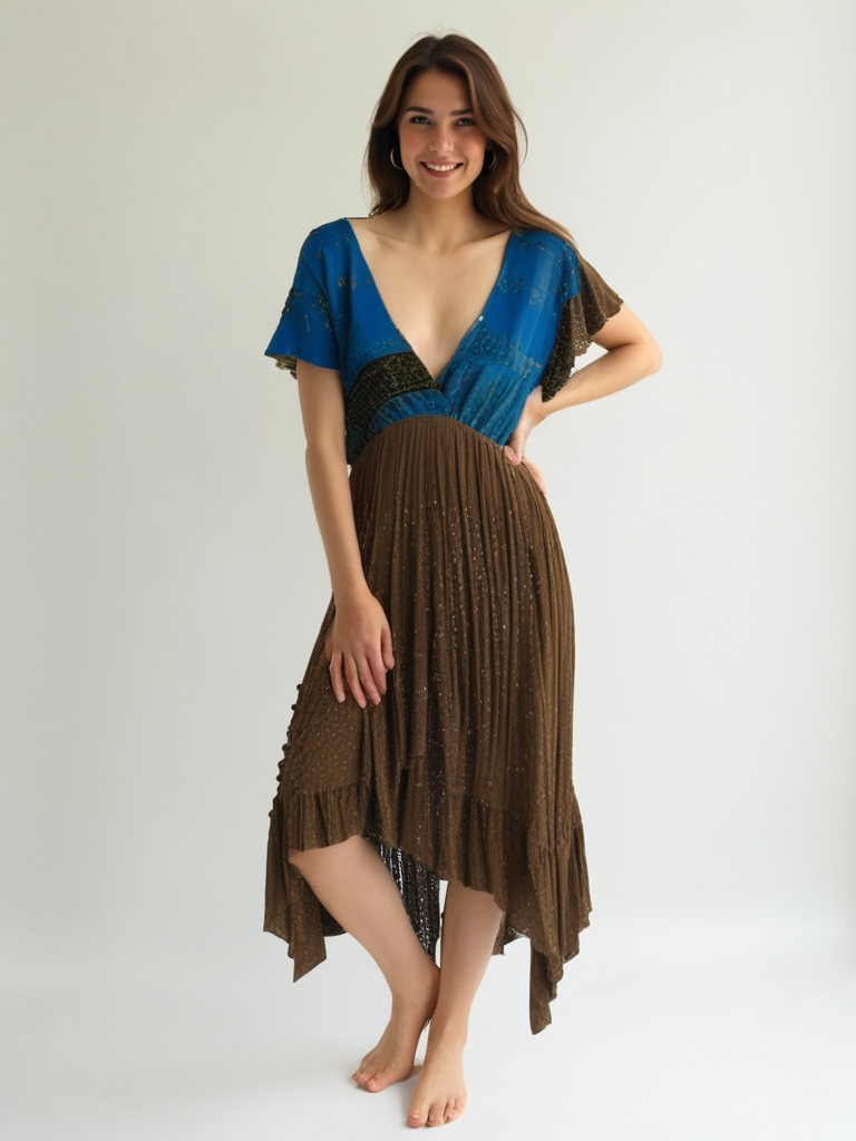 AI Model wearing Emily #158 in brown and blue vintagesilk