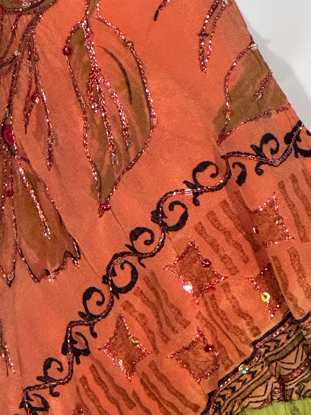 Salmon orange vintage silk with patterns and sequins 