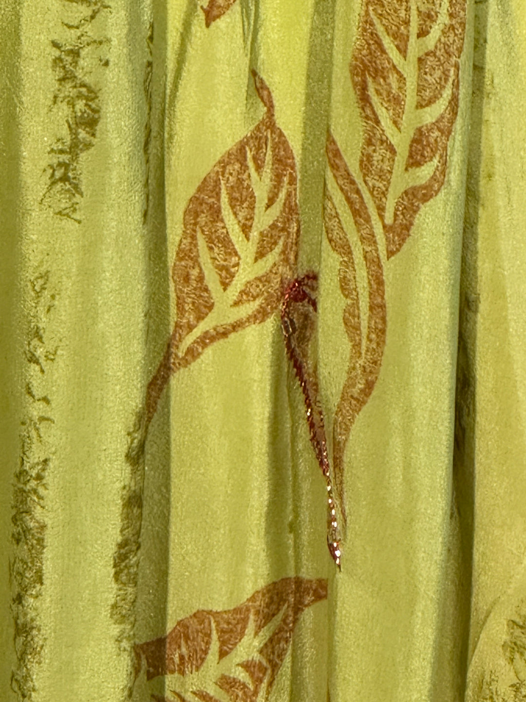 Yellow green vintge silk with leaf pattern