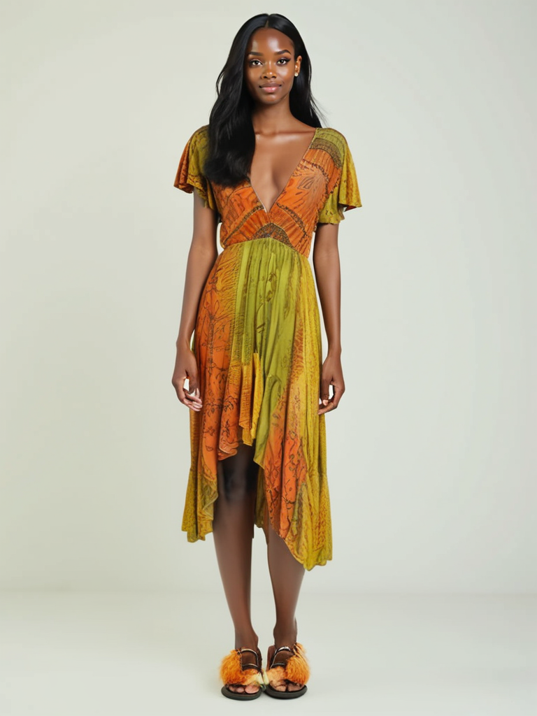 AI Model wearing Emily dress #159 in salmon and yellow green vintage silk