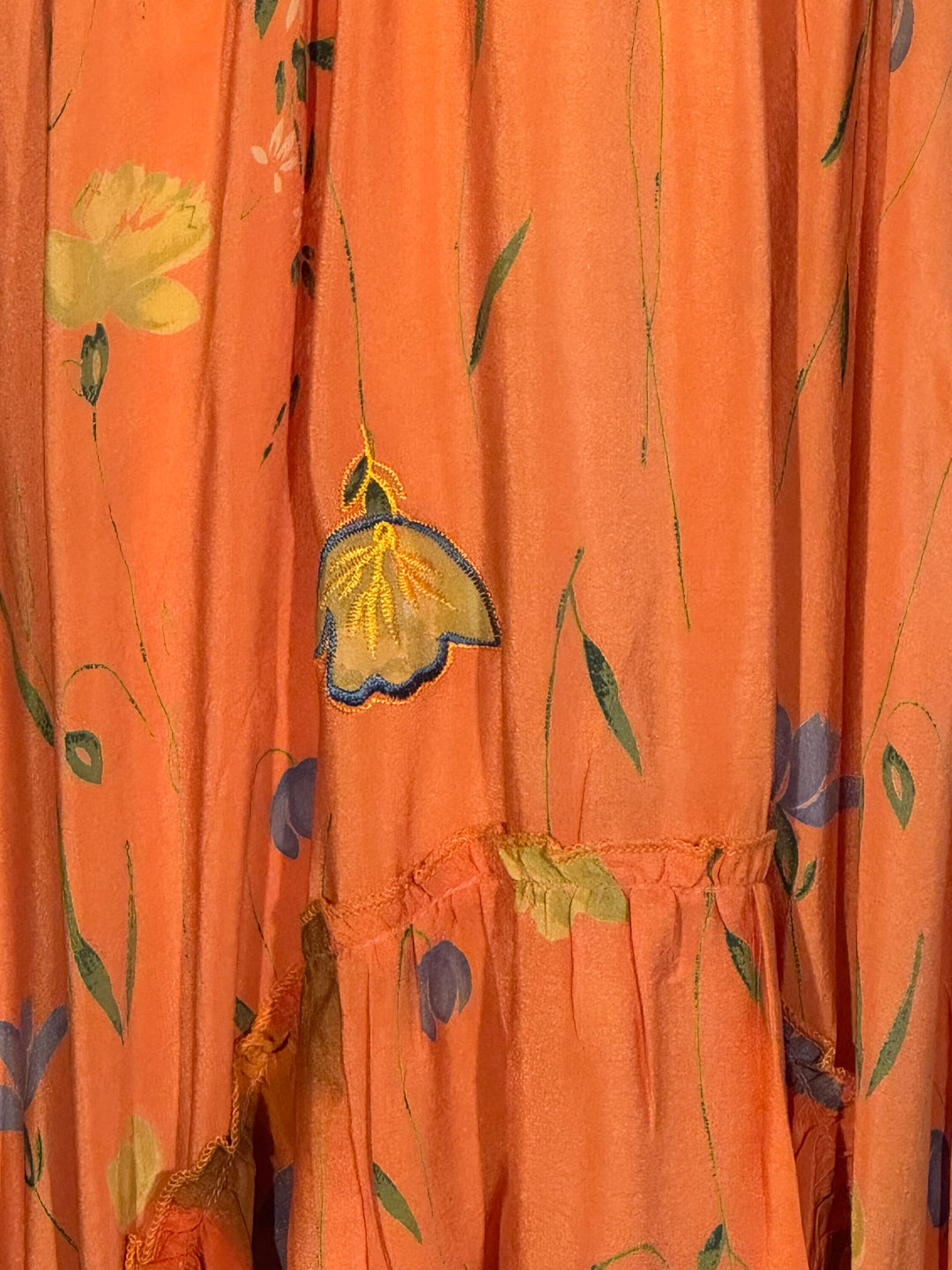 Orange vintage islk with embroidered flowers