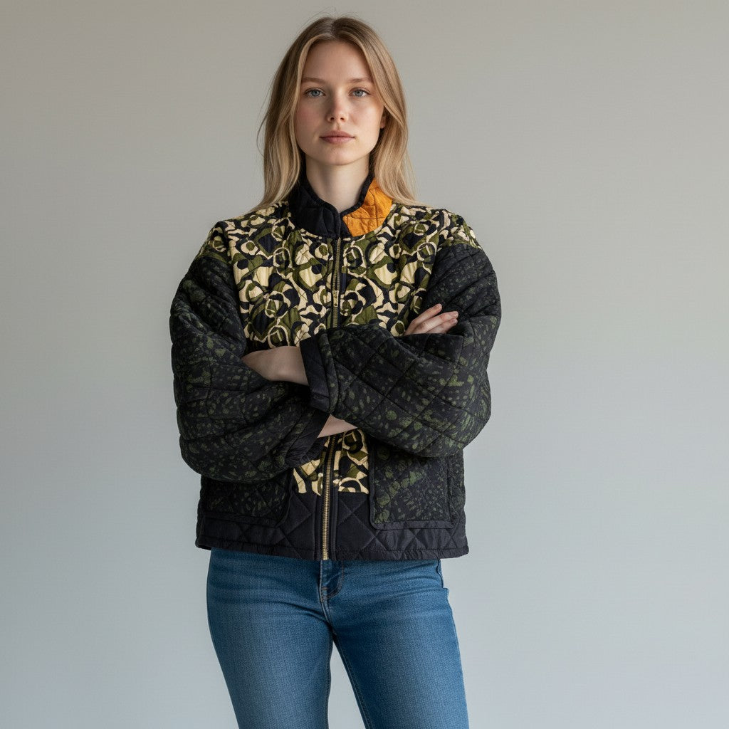 Woman wearing a silk quilted jacket with camo pattern against a plain background
