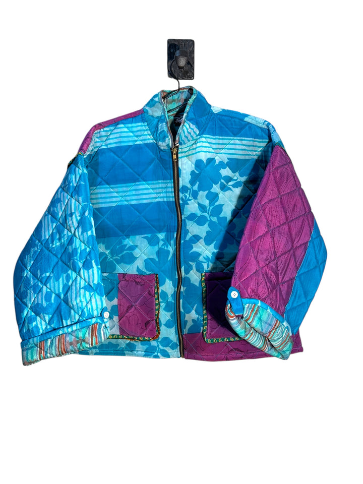 Colorful vintage quilted silk jacket with floral patterns in blue & purple