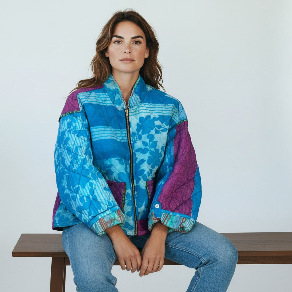 Model wearing FB-112 silk quilted jacket