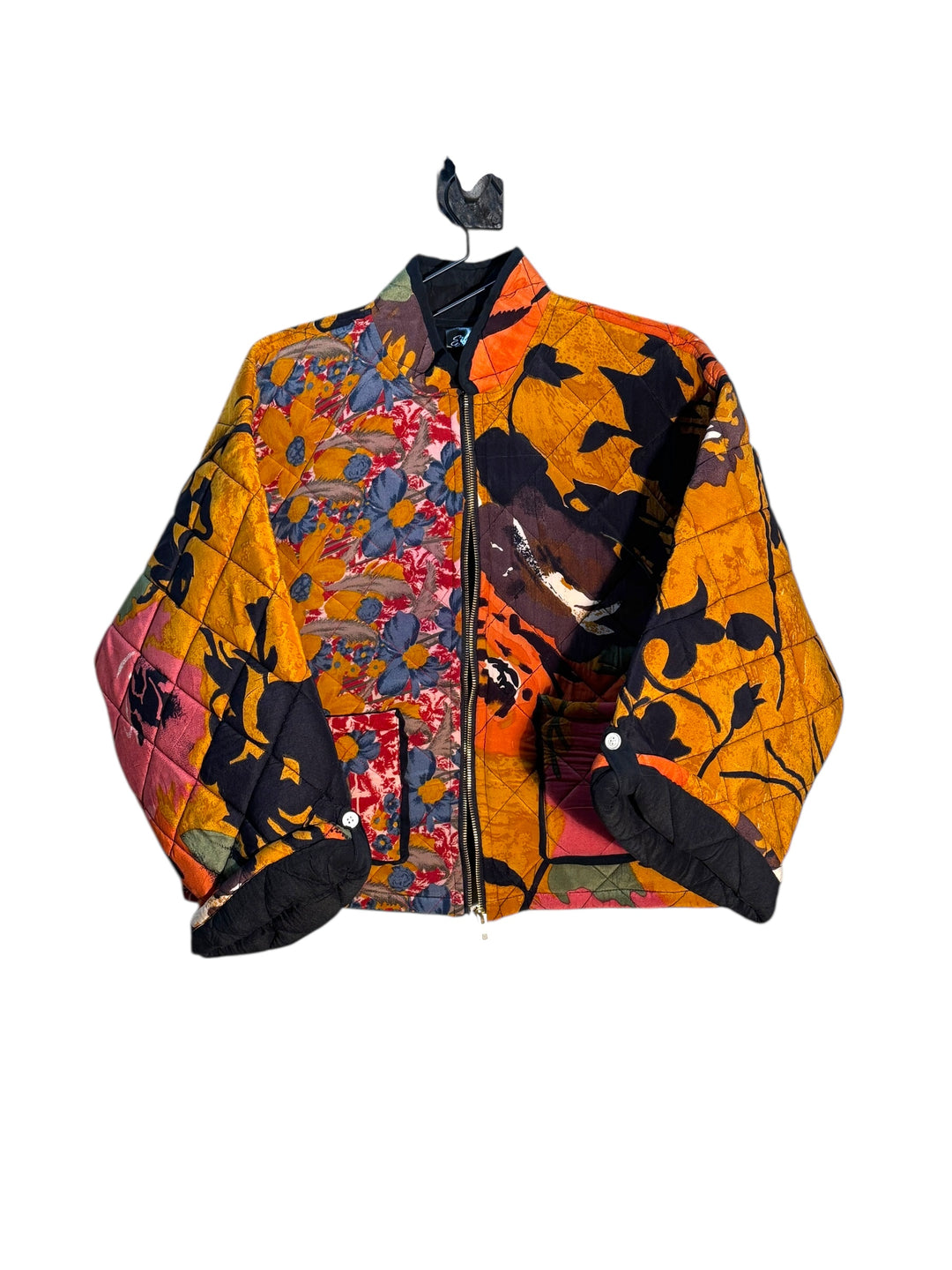 olorful vintage quilted silk jacket with floral patterns in  gold and black