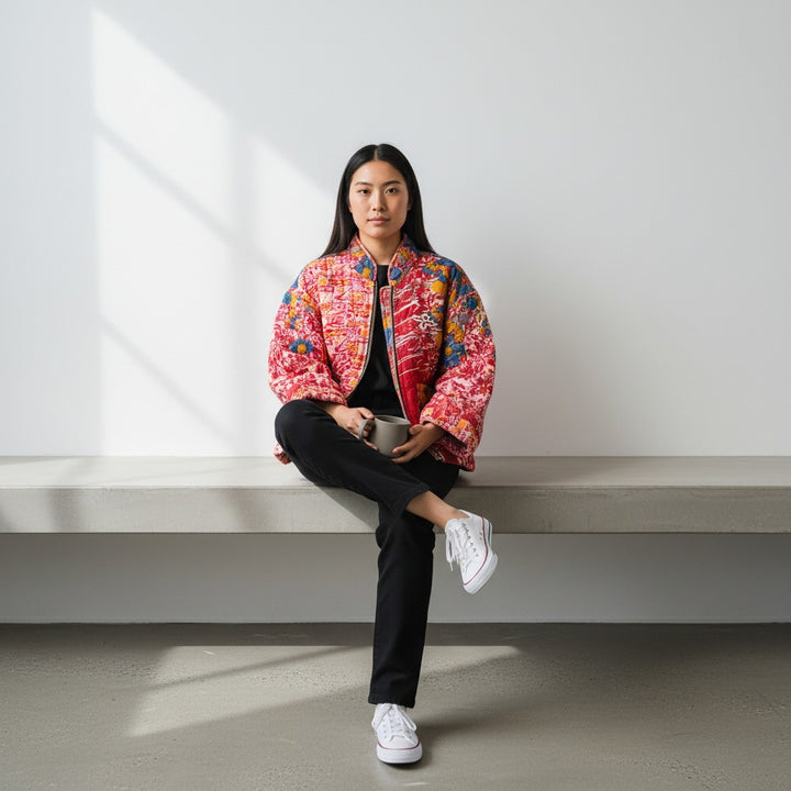 Person wearing a colorful jacket sitting on a bench against a white wall.