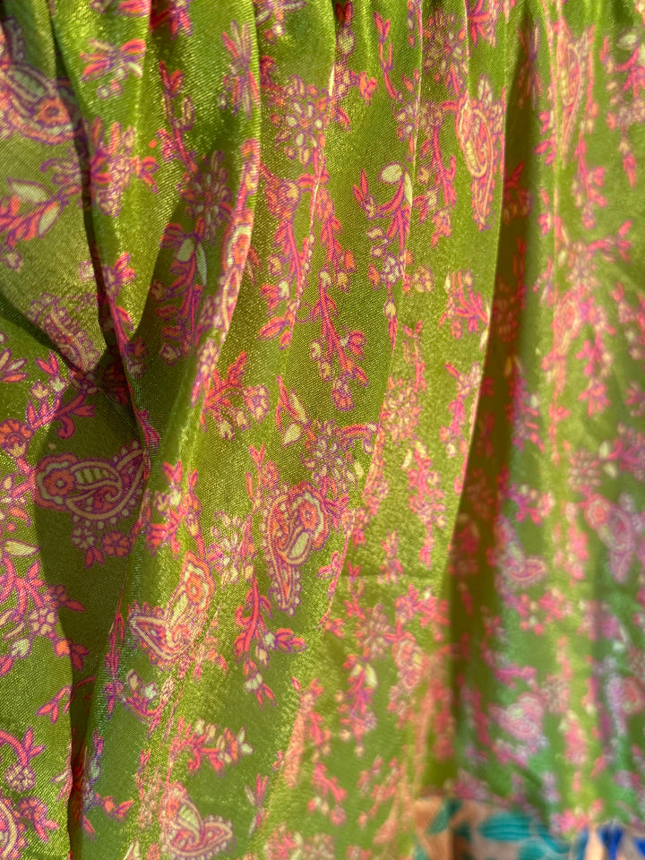 Soft green and pink silk crepe.