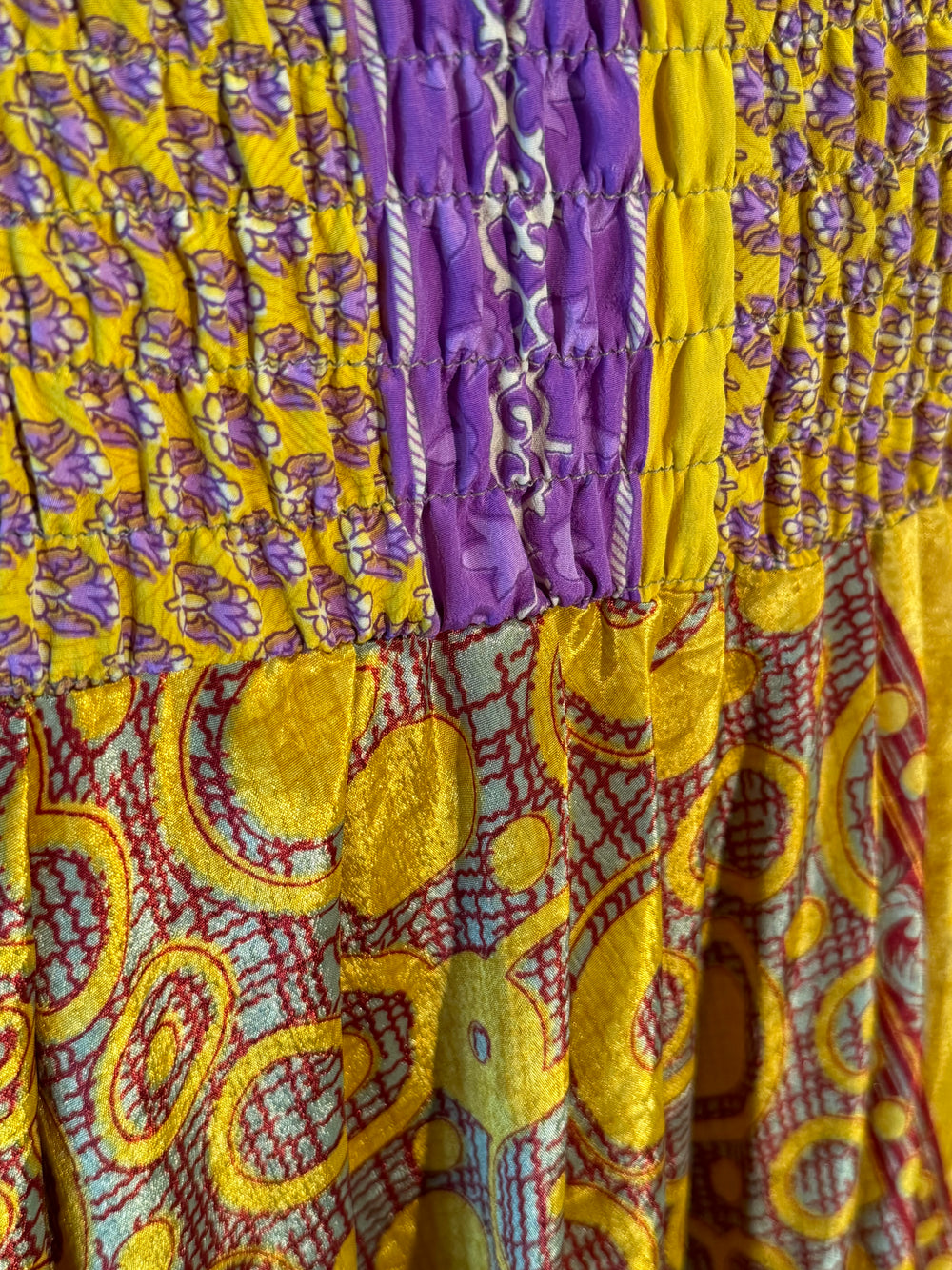 Yellow and purple multi print on sustainable silk crepe