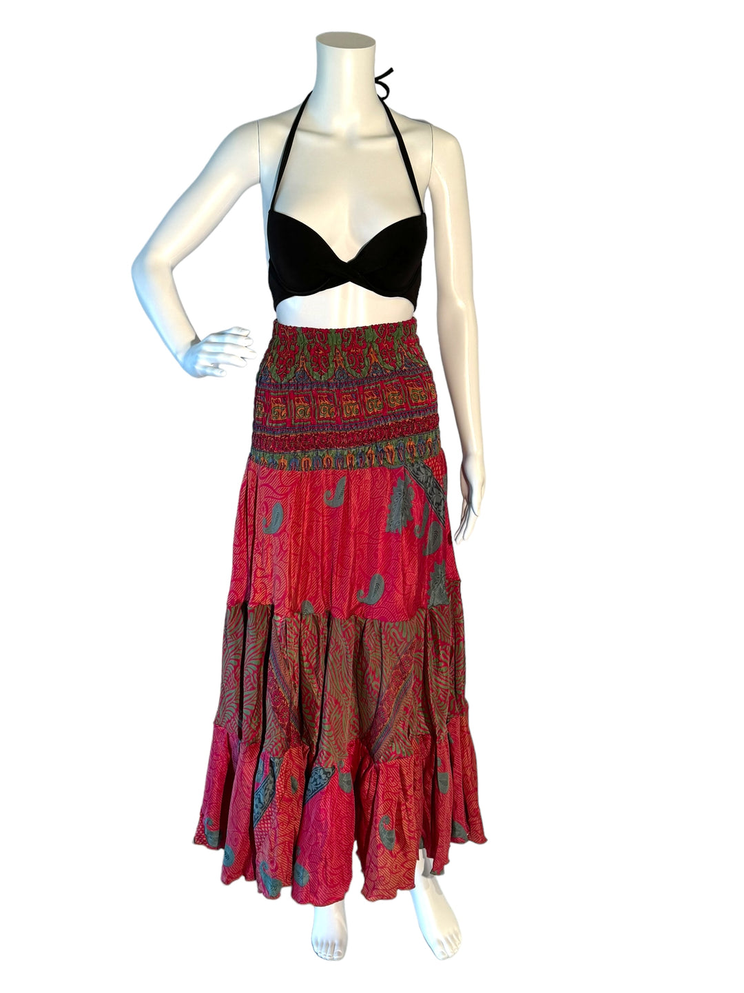 Pink and teal multi print maxi skirt in gathered tiers.  Wide elastic top can become a strapless dress.  Recycled Indian silks.