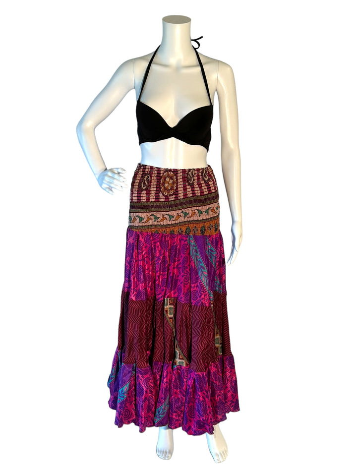 Dark pink maxi skirt in sustainable, vintage saree silk.  Doubles as a strapless dress.