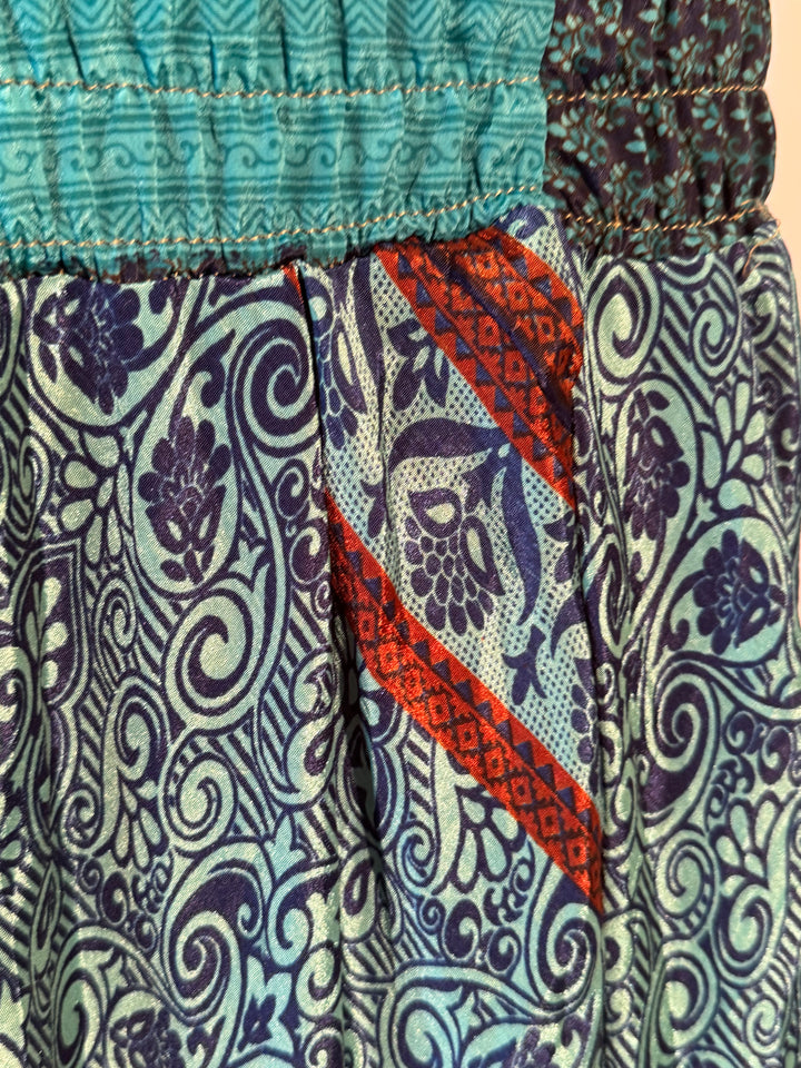 Teal blue print on vintage silk skirt