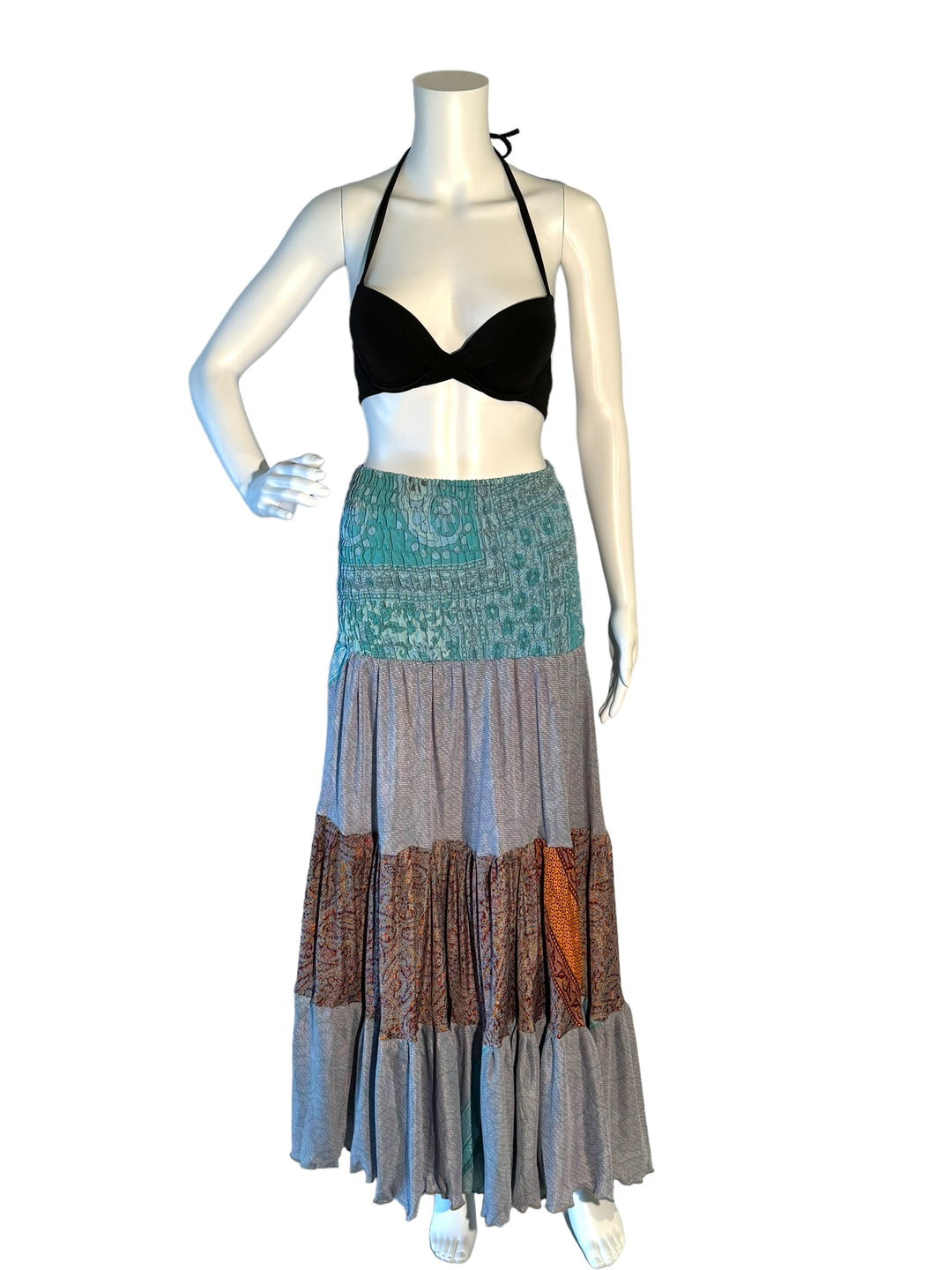 Blue and multi print maxi skirt in sustainable, vintage saree silk. Doubles as a strapless dress