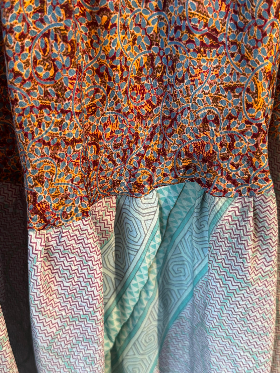 Blue multi print on vintage silk skirt