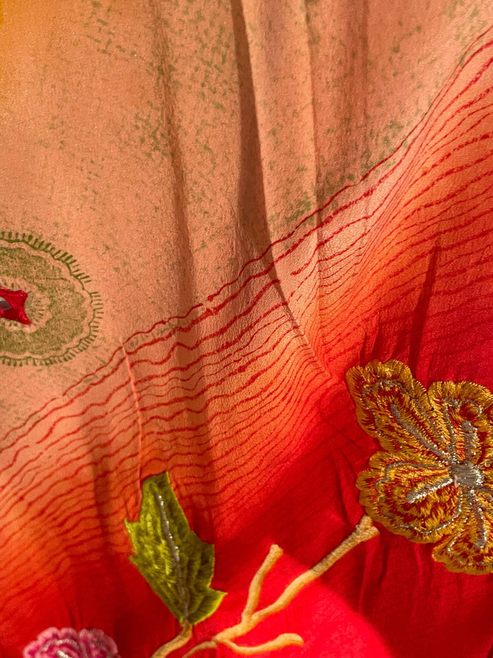 Close up view of interior fabric vintage silk in red and yellow