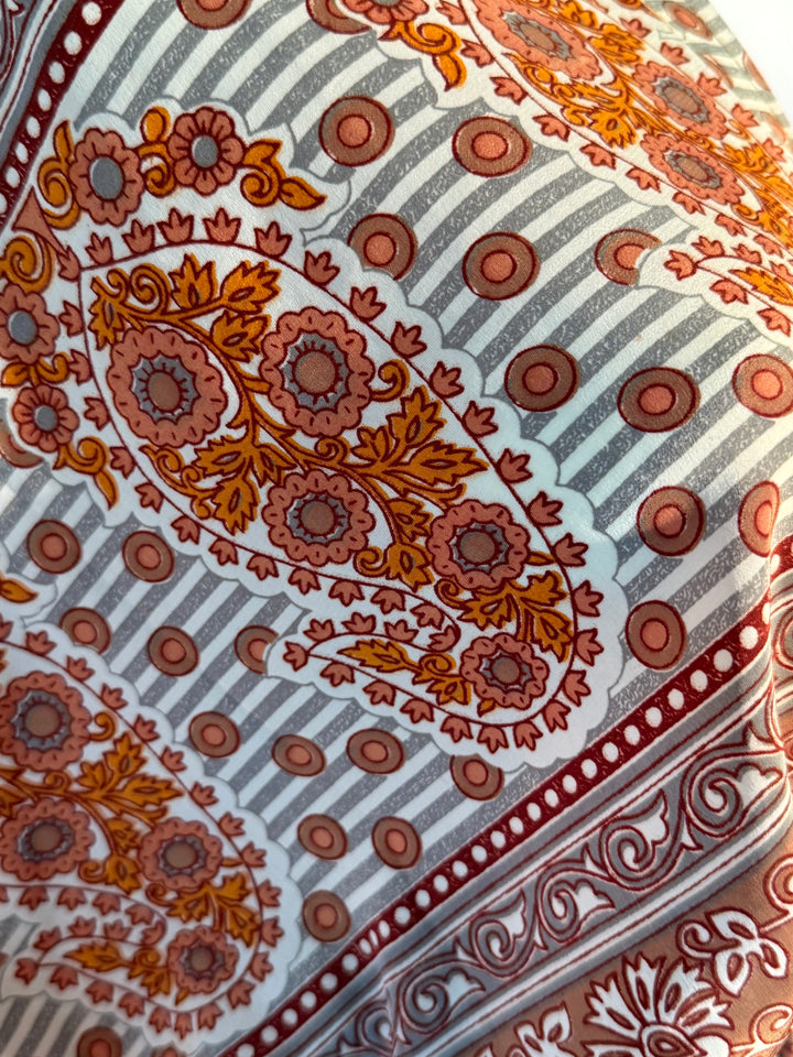 Rust, orange and cream multi print on silk blend Boho Dress