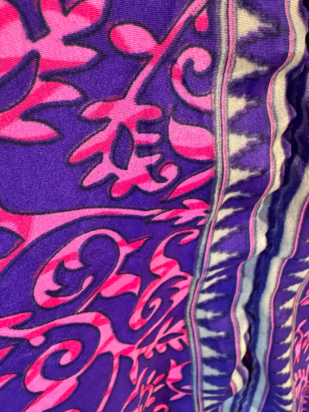 Hot pink and navy print on sustainable silk blend dress.