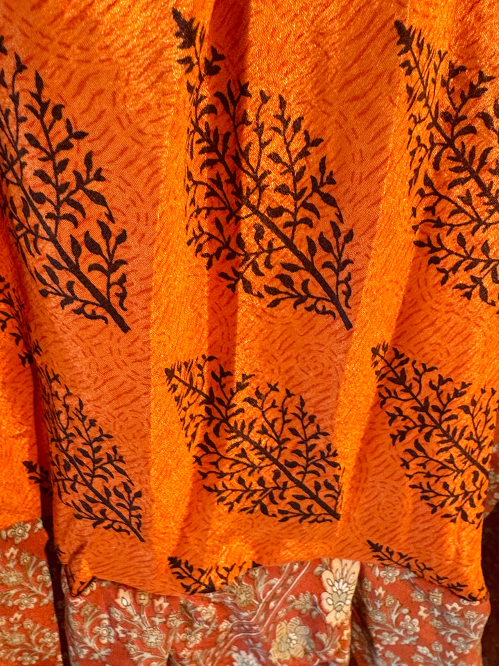 Orange print on vintage silk skirt