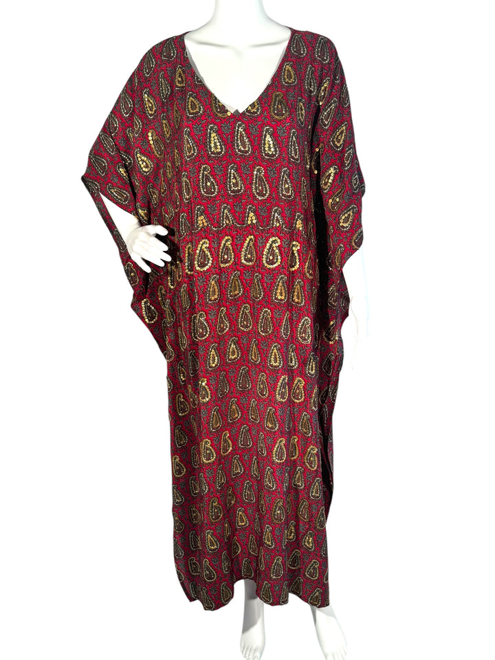 Ivy Kaftan by Silk Ranch in red paisley vintage silk with embroidery and golden sequins, front view