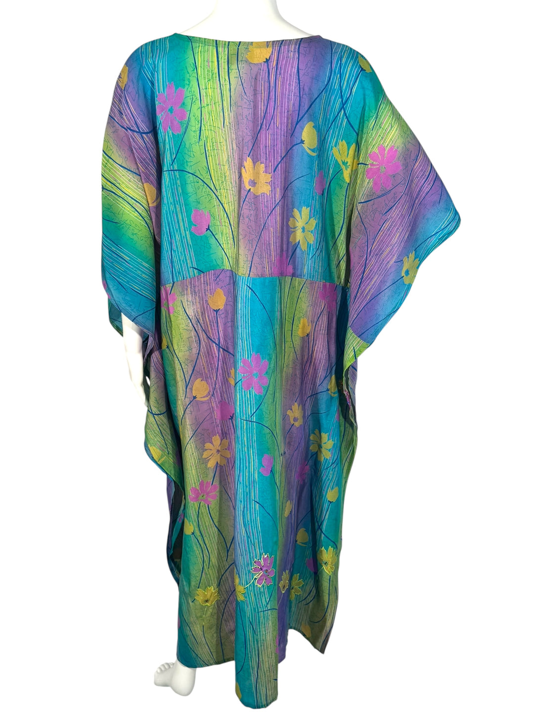 Ivy Kaftan by Silk Ranch in green and purple vintage silk with sequins and embroidery, rear view