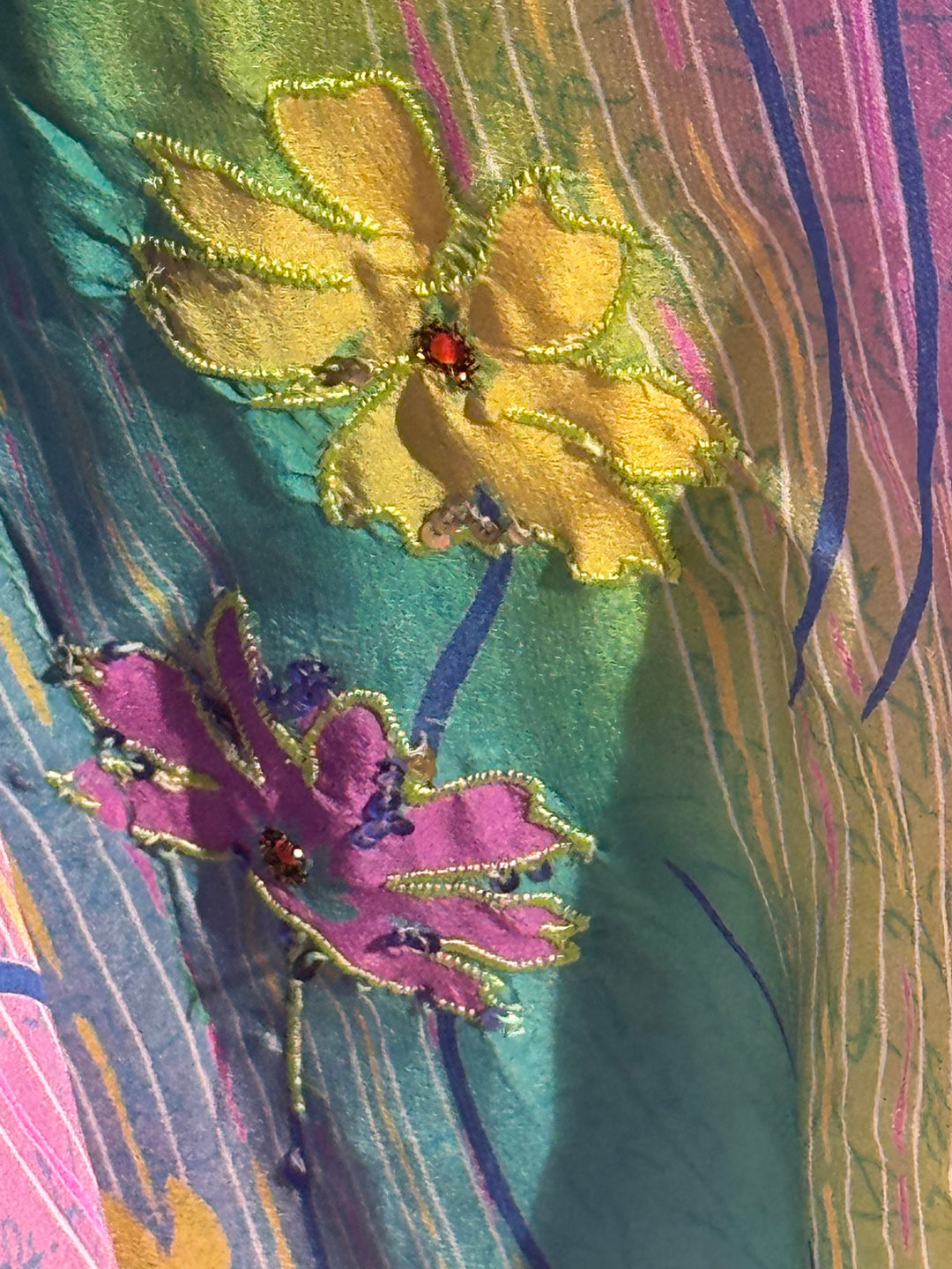 vy Kaftan by Silk Ranch in green and purple vintage silk with sequins and embroidery, detail 1