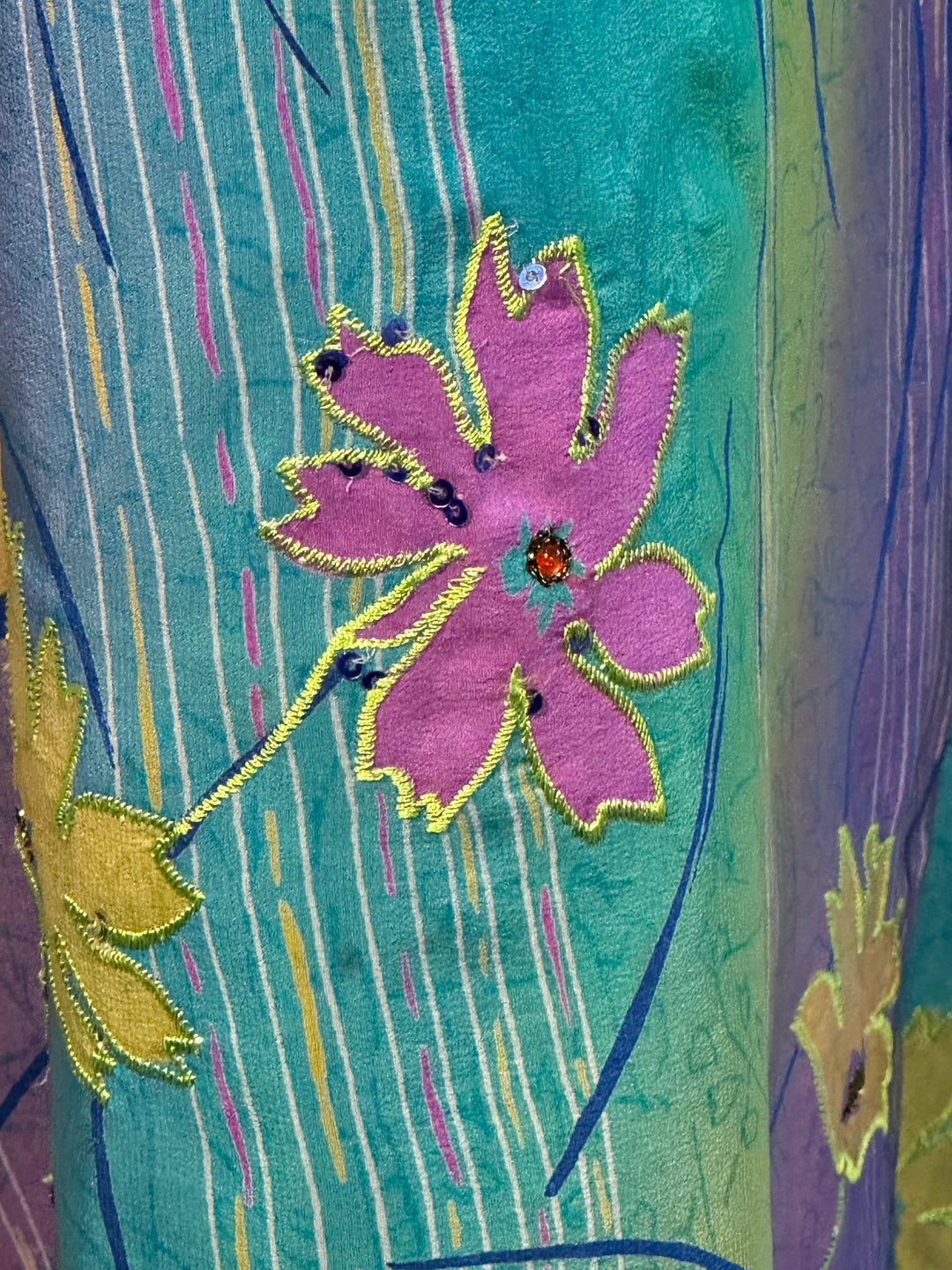 vy Kaftan by Silk Ranch in green and purple vintage silk with sequins and embroidery, detail 2
