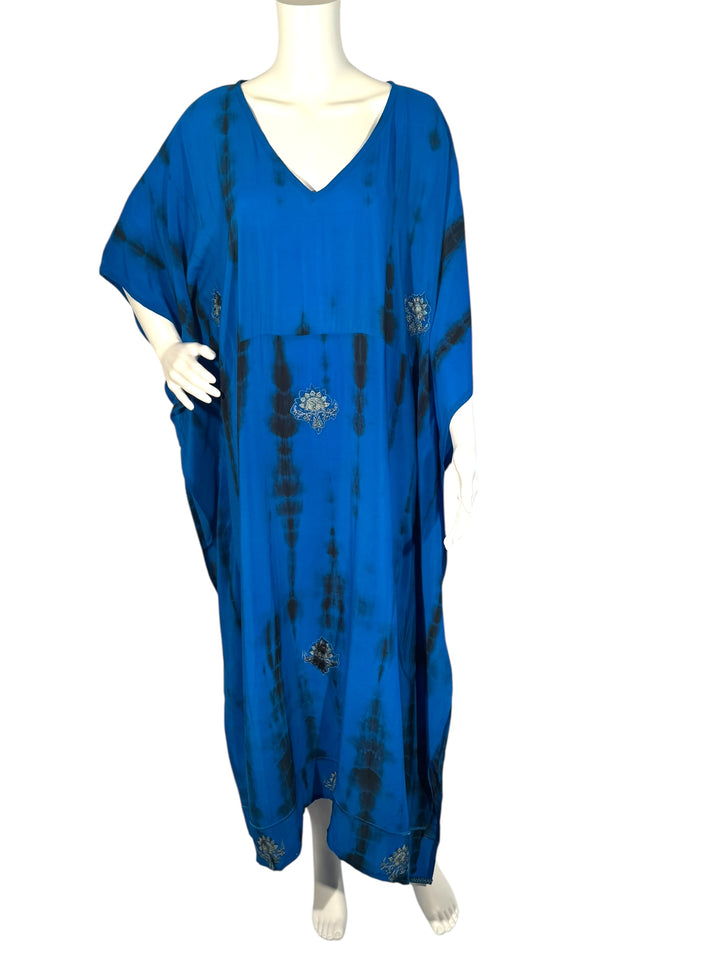 Ivy Kaftan by Silk Ranch in blue dip dyed vintage silk with embroidered patches