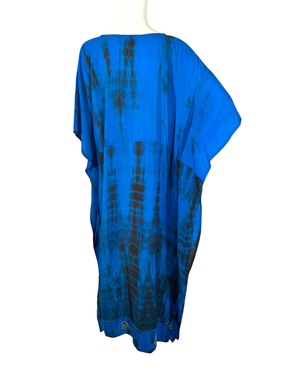 Ivy Kaftan by Silk Ranch in blue dip dyed vintage silk with embroidered patches, rear view