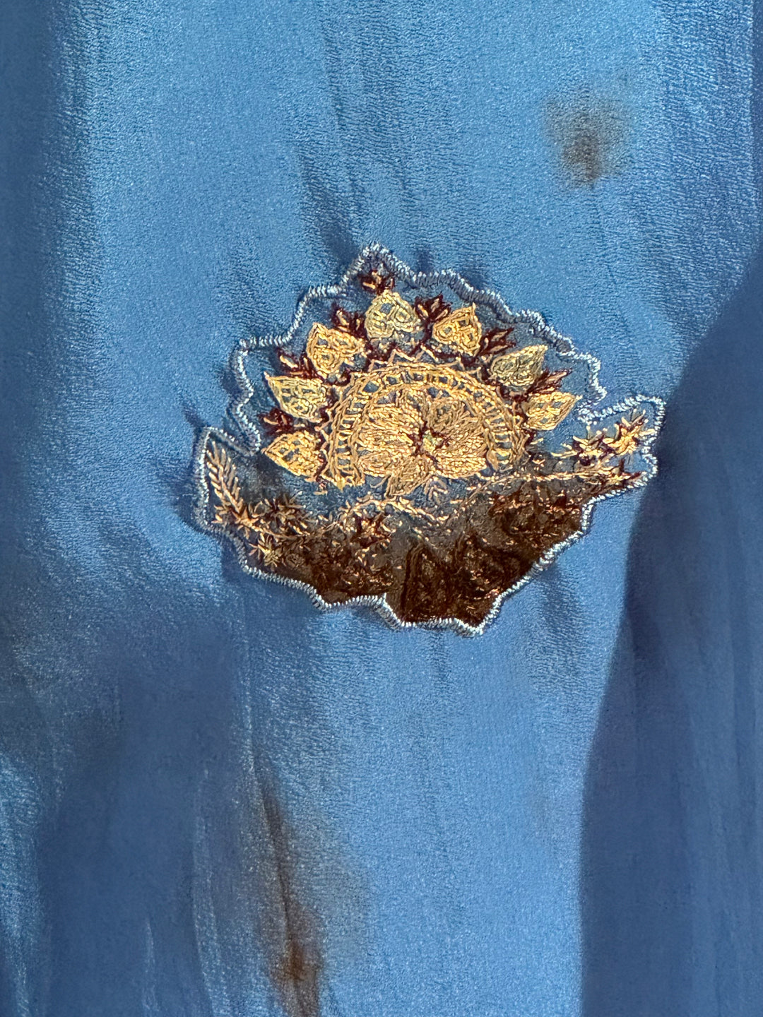 Ivy Kaftan by Silk Ranch in blue dip dyed vintage silk with embroidered patches, detail 1