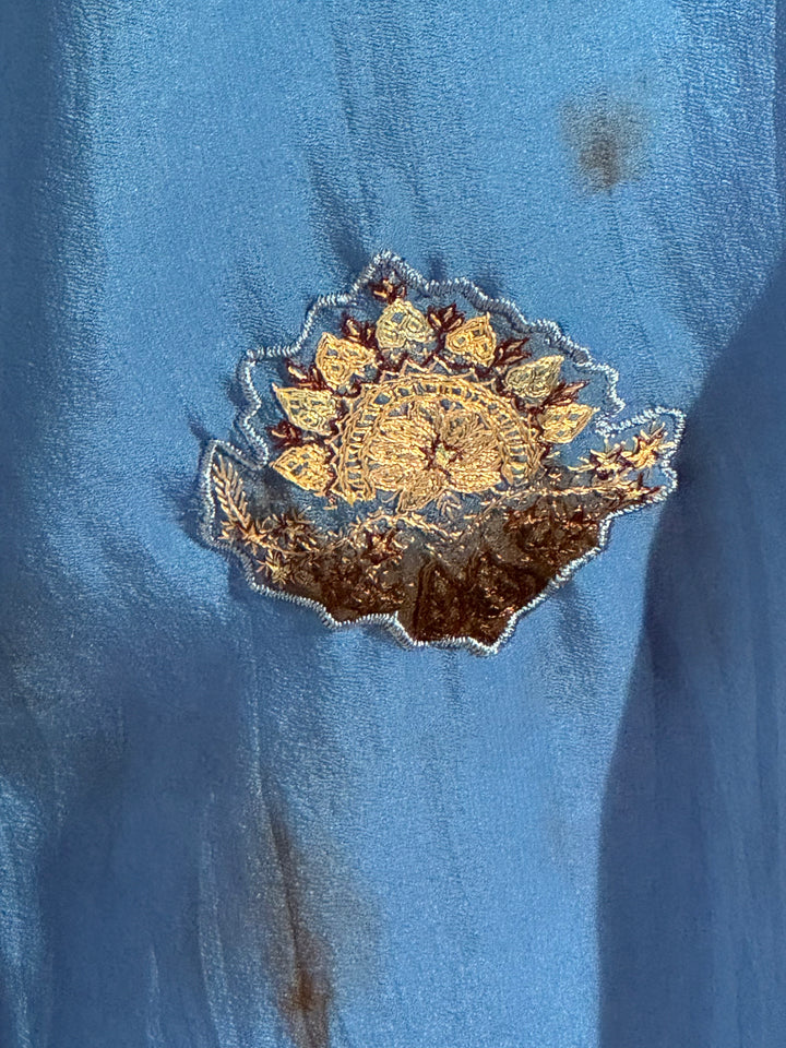 Ivy Kaftan by Silk Ranch in blue dip dyed vintage silk with embroidered patches, detail 1
