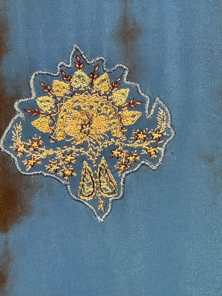 Ivy Kaftan by Silk Ranch in blue dip dyed vintage silk with embroidered patches, detail 2