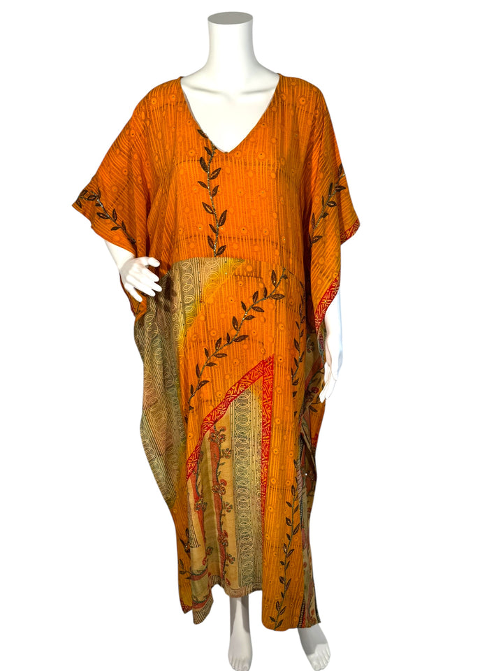 Ivy Kaftan by Silk Ranch in orange vintage silk with vine embroidery and golden sequins 