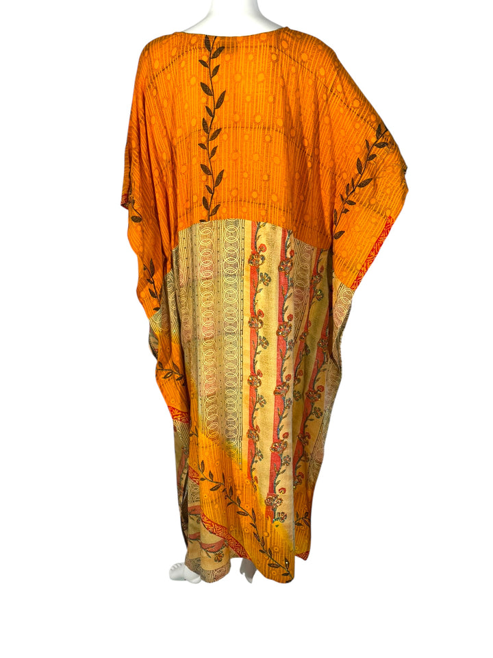 Ivy Kaftan by Silk Ranch in orange vintage silk with vine embroidery and golden sequins , rear view