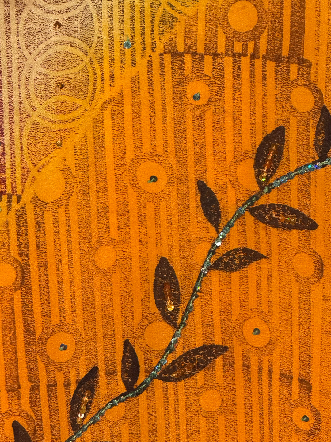 Ivy Kaftan by Silk Ranch in orange vintage silk with vine embroidery and golden sequins, fabric detail 1
