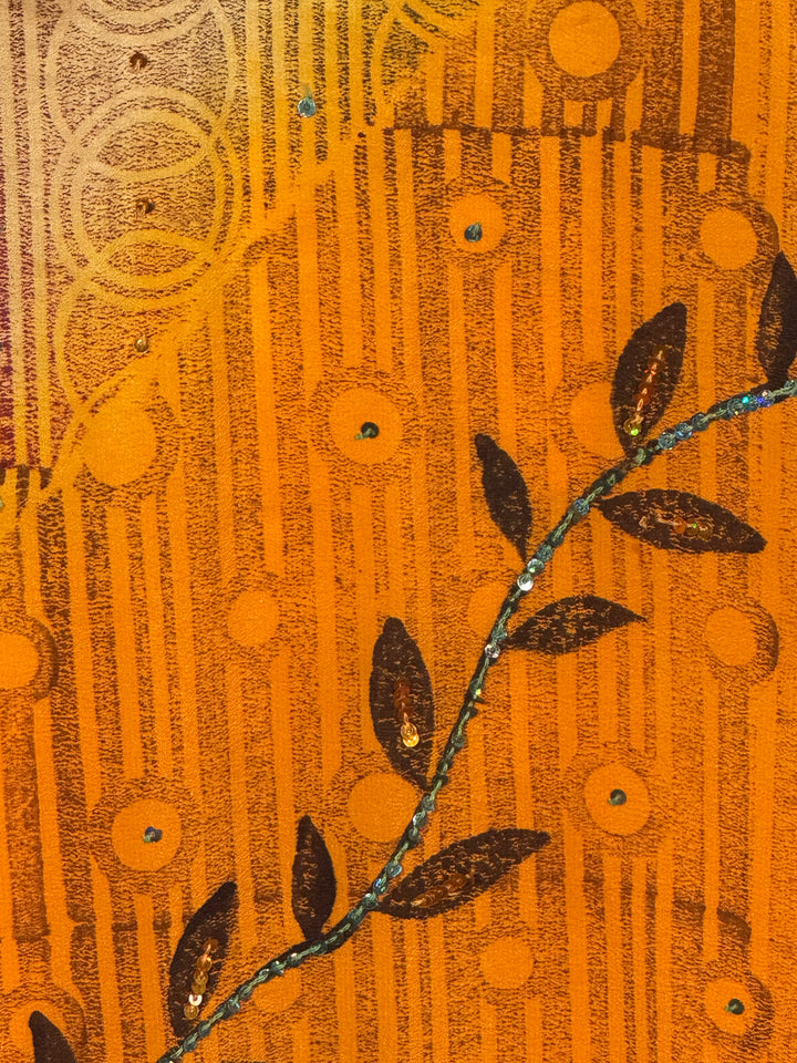 Ivy Kaftan by Silk Ranch in orange vintage silk with vine embroidery and golden sequins, fabric detail 1
