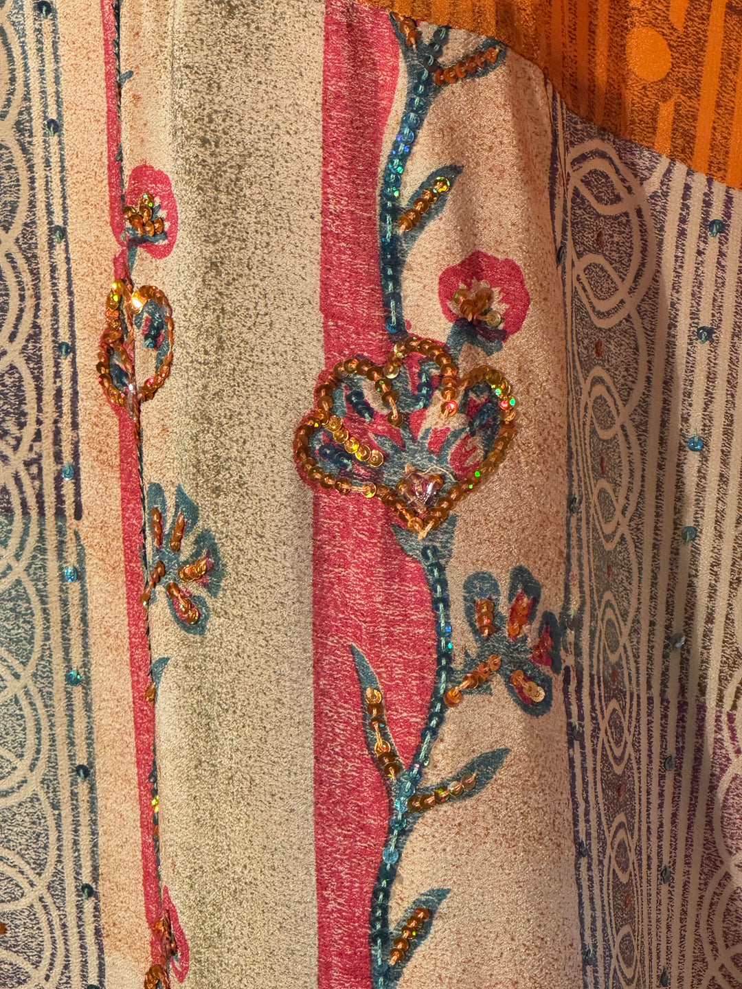 Ivy Kaftan by Silk Ranch in orange vintage silk with vine embroidery and golden sequins, fabric detail 2