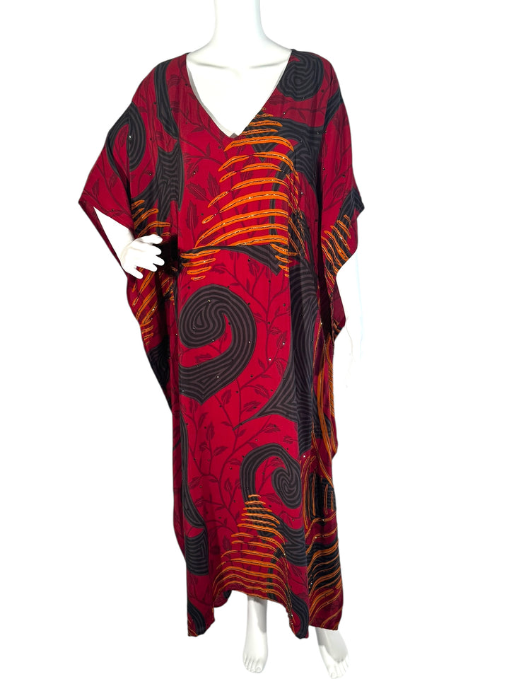 Ivy Kaftan by Silk Ranch in red vintage silk with black swirls, embroidery and golden sequins 